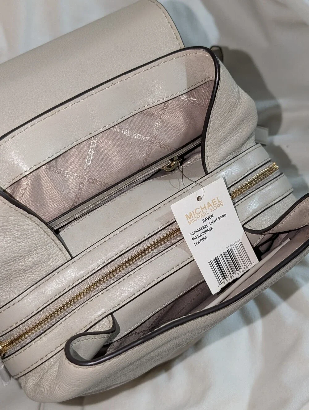 Michael Kors Raven Leather Backpack Light Sand New